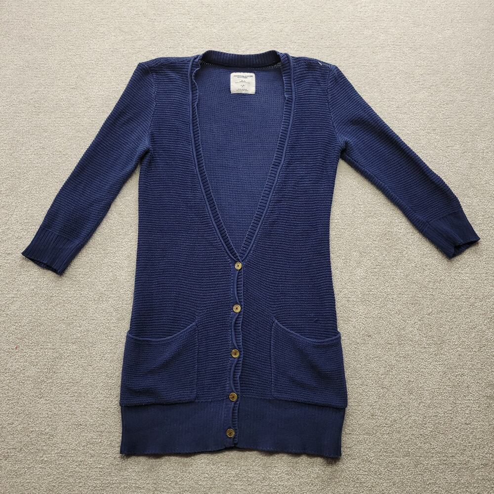 American Eagle Womens S Navy Blue Longline Cardigan Sweater Button Front Pockets